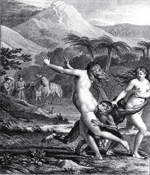 Two naked girls pursued by a pair of apes snapping at their bottoms.