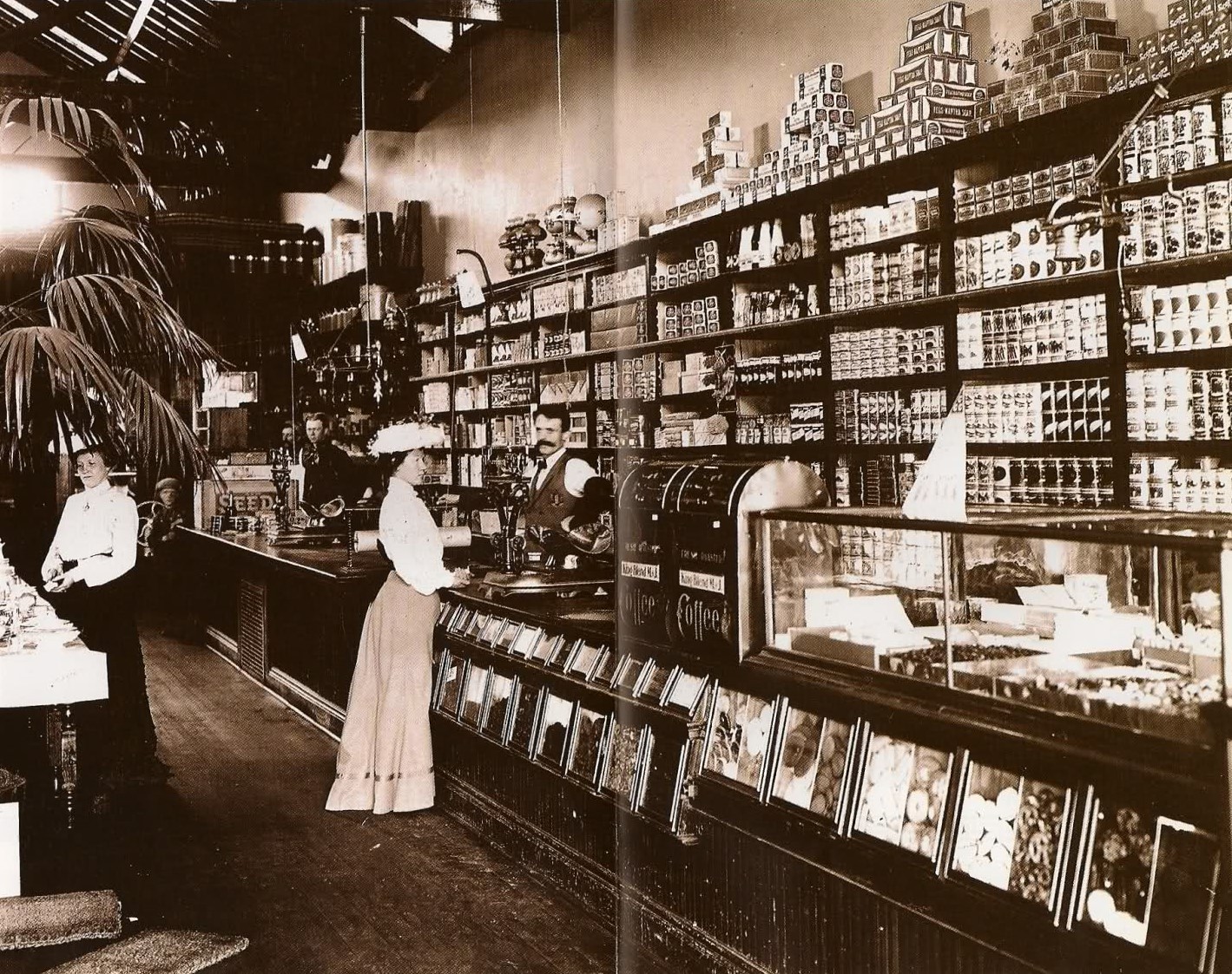A grocery store in the late 1800s